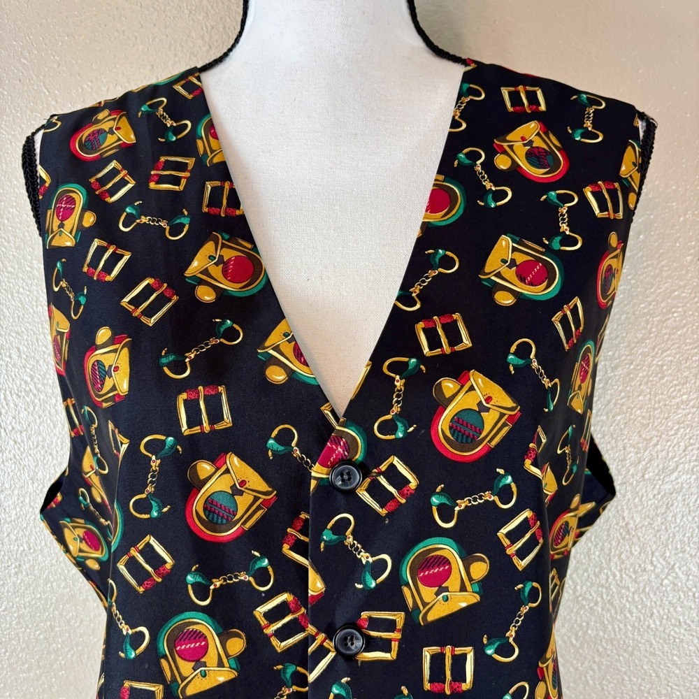 Preston & York Vest Women's Large Black Equestrian Themed Vintage Silk Horse 80s - Picture 5 of 11